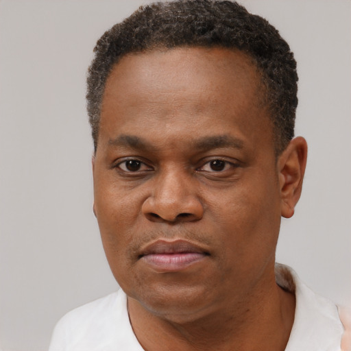 Joyful black young-adult male with short  brown hair and brown eyes