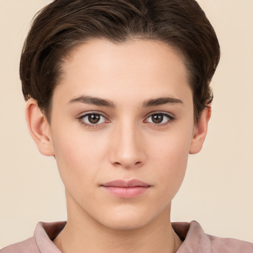 Neutral white young-adult female with short  brown hair and brown eyes