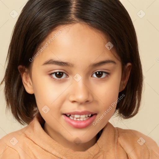 Joyful white child female with medium  brown hair and brown eyes