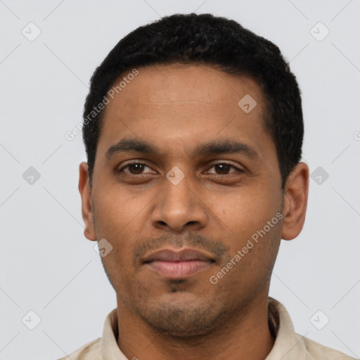 Neutral latino young-adult male with short  black hair and brown eyes