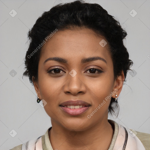 Joyful latino young-adult female with short  black hair and brown eyes