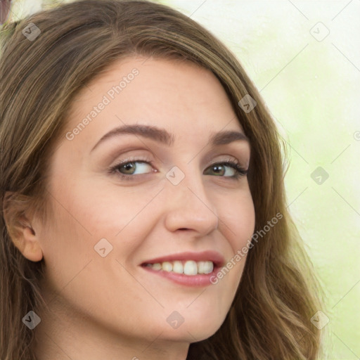 Joyful white young-adult female with long  brown hair and green eyes