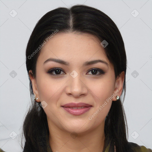 Joyful asian young-adult female with long  brown hair and brown eyes