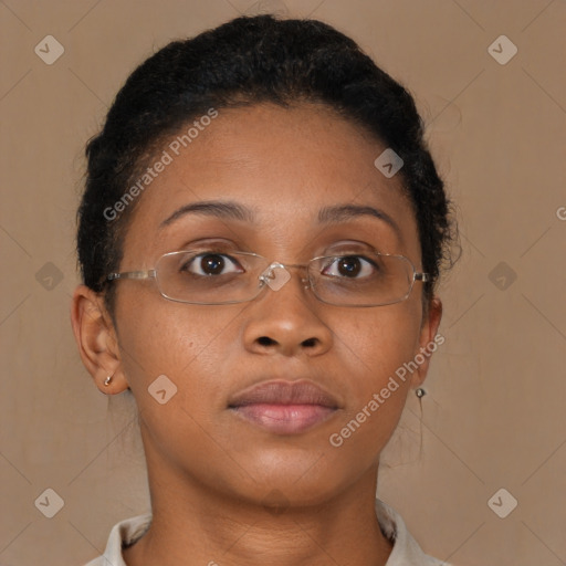 Neutral black young-adult female with short  brown hair and brown eyes