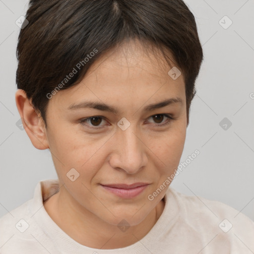 Joyful white young-adult female with short  brown hair and brown eyes