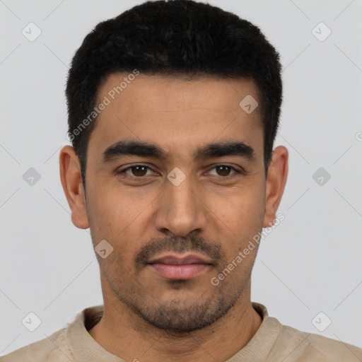 Neutral latino young-adult male with short  black hair and brown eyes