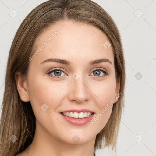 Joyful white young-adult female with long  brown hair and grey eyes