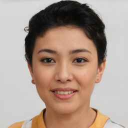 Joyful asian young-adult female with short  brown hair and brown eyes