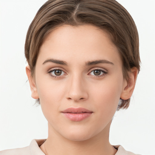 Neutral white young-adult female with short  brown hair and brown eyes