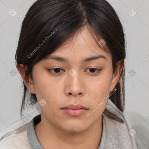 Neutral asian young-adult female with medium  brown hair and brown eyes