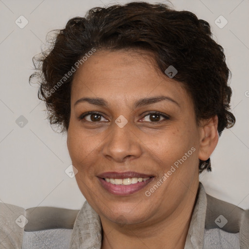 Joyful white adult female with short  brown hair and brown eyes