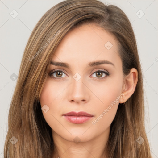 Neutral white young-adult female with long  brown hair and brown eyes