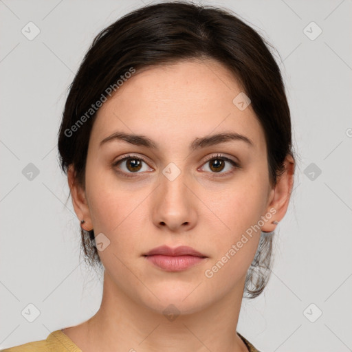 Neutral white young-adult female with medium  brown hair and brown eyes