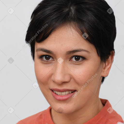 Joyful white young-adult female with short  brown hair and brown eyes