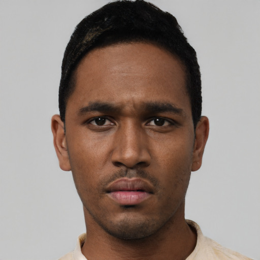 Neutral black young-adult male with short  black hair and brown eyes