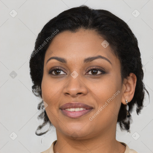 Joyful latino young-adult female with medium  black hair and brown eyes