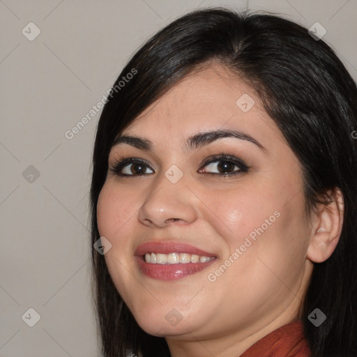 Joyful white young-adult female with medium  brown hair and brown eyes