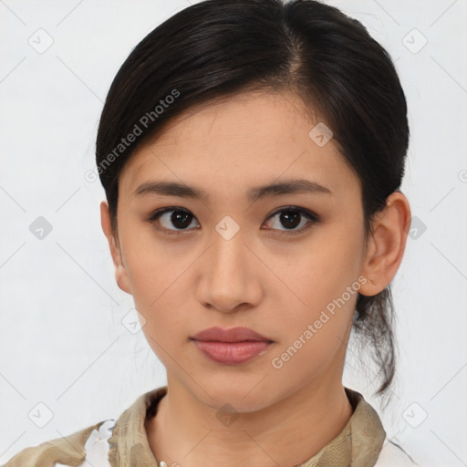 Neutral asian young-adult female with medium  brown hair and brown eyes