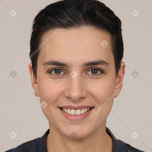 Joyful white young-adult female with short  brown hair and brown eyes