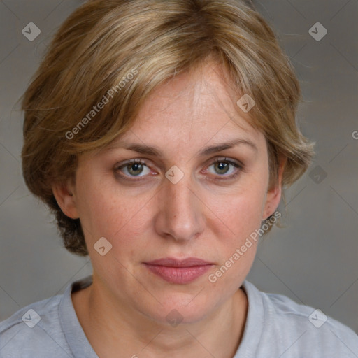 Joyful white young-adult female with medium  brown hair and blue eyes