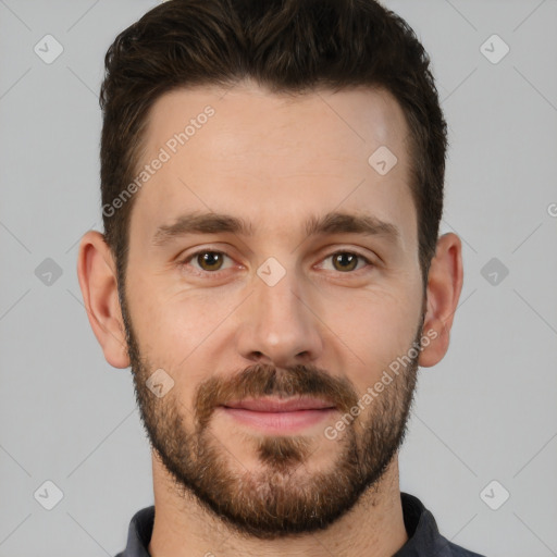 Joyful white young-adult male with short  brown hair and brown eyes