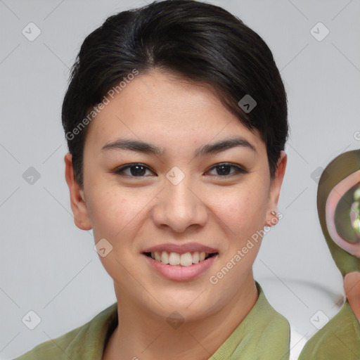 Joyful asian young-adult female with short  brown hair and brown eyes