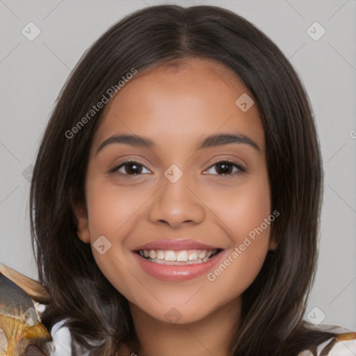 Joyful latino young-adult female with medium  brown hair and brown eyes