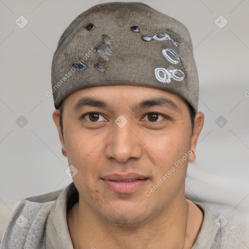 Joyful latino young-adult male with short  brown hair and brown eyes