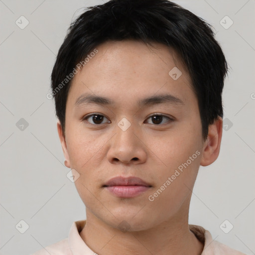 Neutral asian young-adult male with short  brown hair and brown eyes