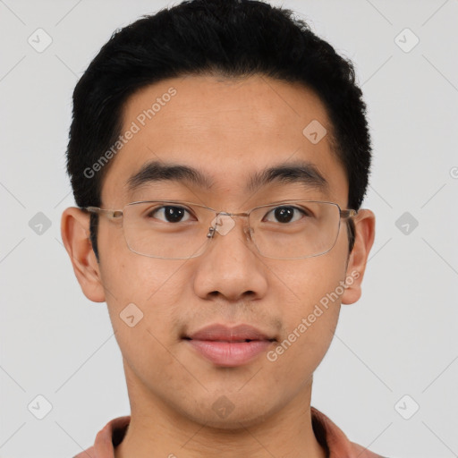 Neutral asian young-adult male with short  brown hair and brown eyes