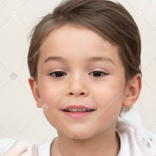 Joyful white child female with short  brown hair and brown eyes