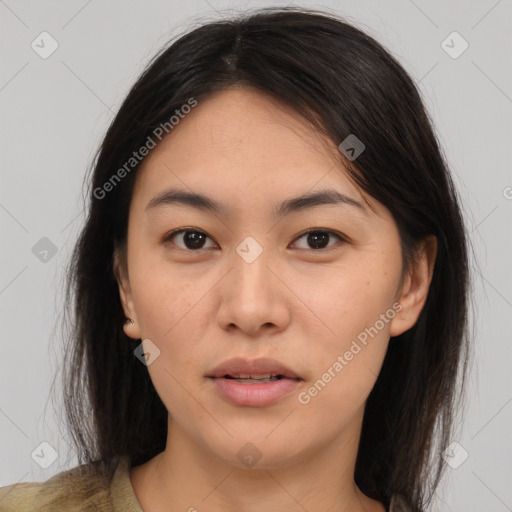 Joyful asian young-adult female with medium  brown hair and brown eyes