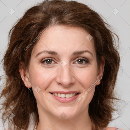 Joyful white young-adult female with medium  brown hair and green eyes