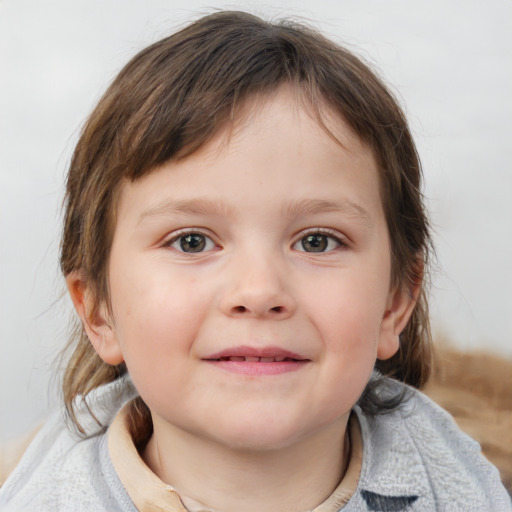 Joyful white child female with medium  brown hair and blue eyes