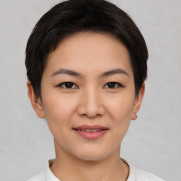 Joyful asian young-adult female with short  brown hair and brown eyes