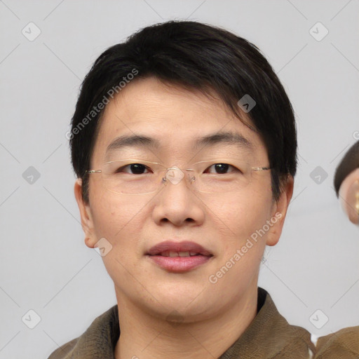 Neutral asian adult male with short  brown hair and brown eyes
