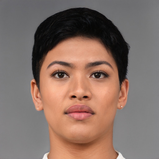 Neutral asian young-adult female with short  black hair and brown eyes