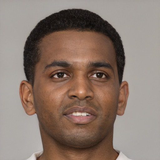 Neutral black young-adult male with short  brown hair and brown eyes