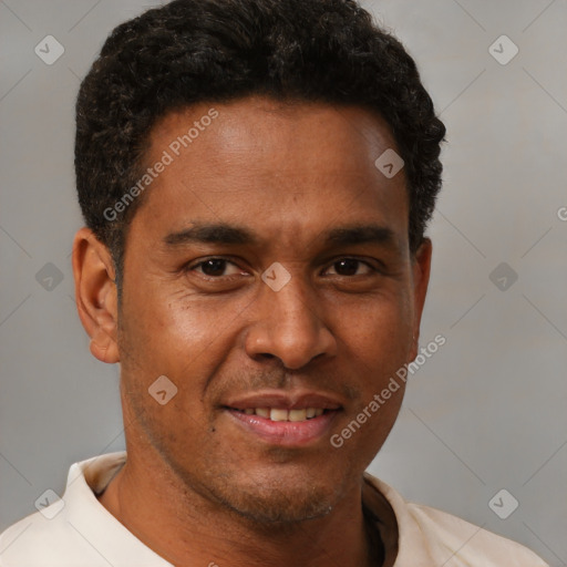 Joyful latino young-adult male with short  brown hair and brown eyes