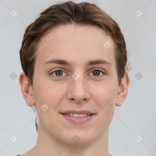 Joyful white young-adult female with short  brown hair and grey eyes