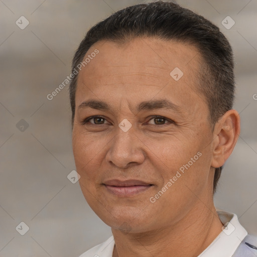 Joyful white adult female with short  brown hair and brown eyes