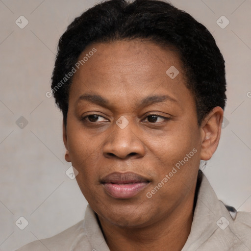 Joyful black adult male with short  black hair and brown eyes