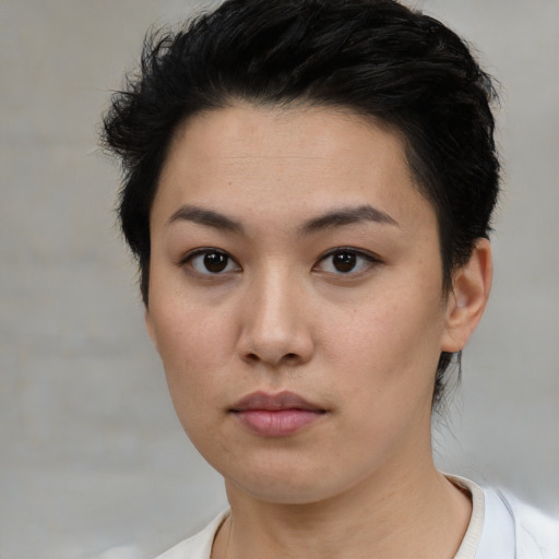 Neutral asian young-adult female with short  black hair and brown eyes