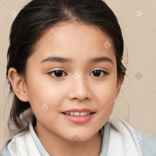 Joyful white child female with medium  brown hair and brown eyes