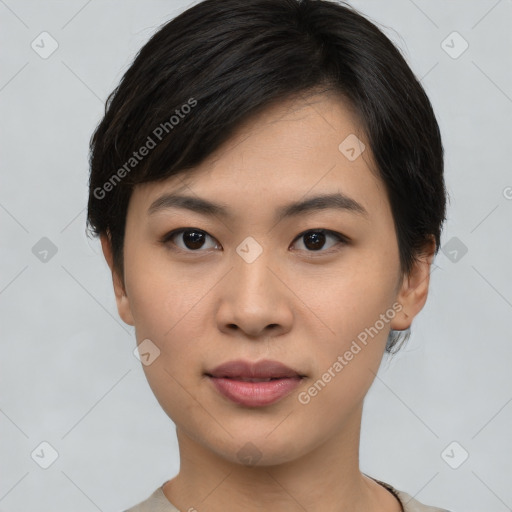 Neutral asian young-adult female with short  black hair and brown eyes