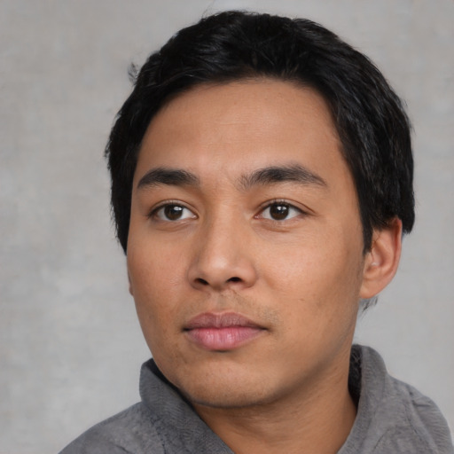 Neutral asian young-adult male with short  black hair and brown eyes