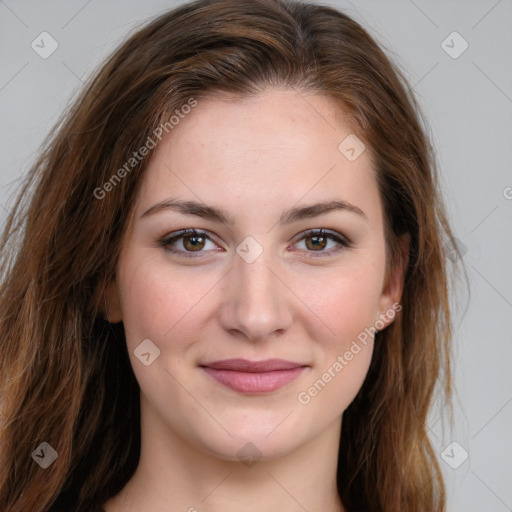 Joyful white young-adult female with long  brown hair and green eyes