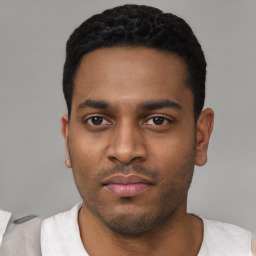 Neutral black young-adult male with short  black hair and brown eyes
