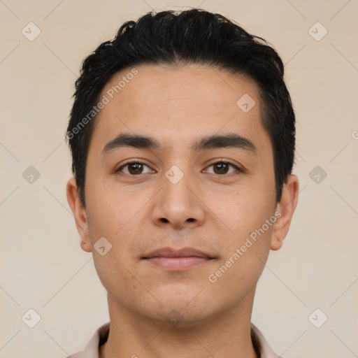 Neutral latino young-adult male with short  black hair and brown eyes