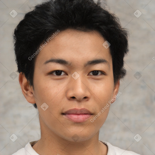 Joyful asian young-adult male with short  black hair and brown eyes